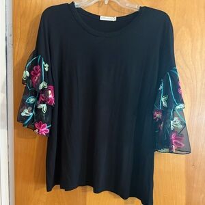 Pebble and Stone Black Blouse with Embroidered Sleeves